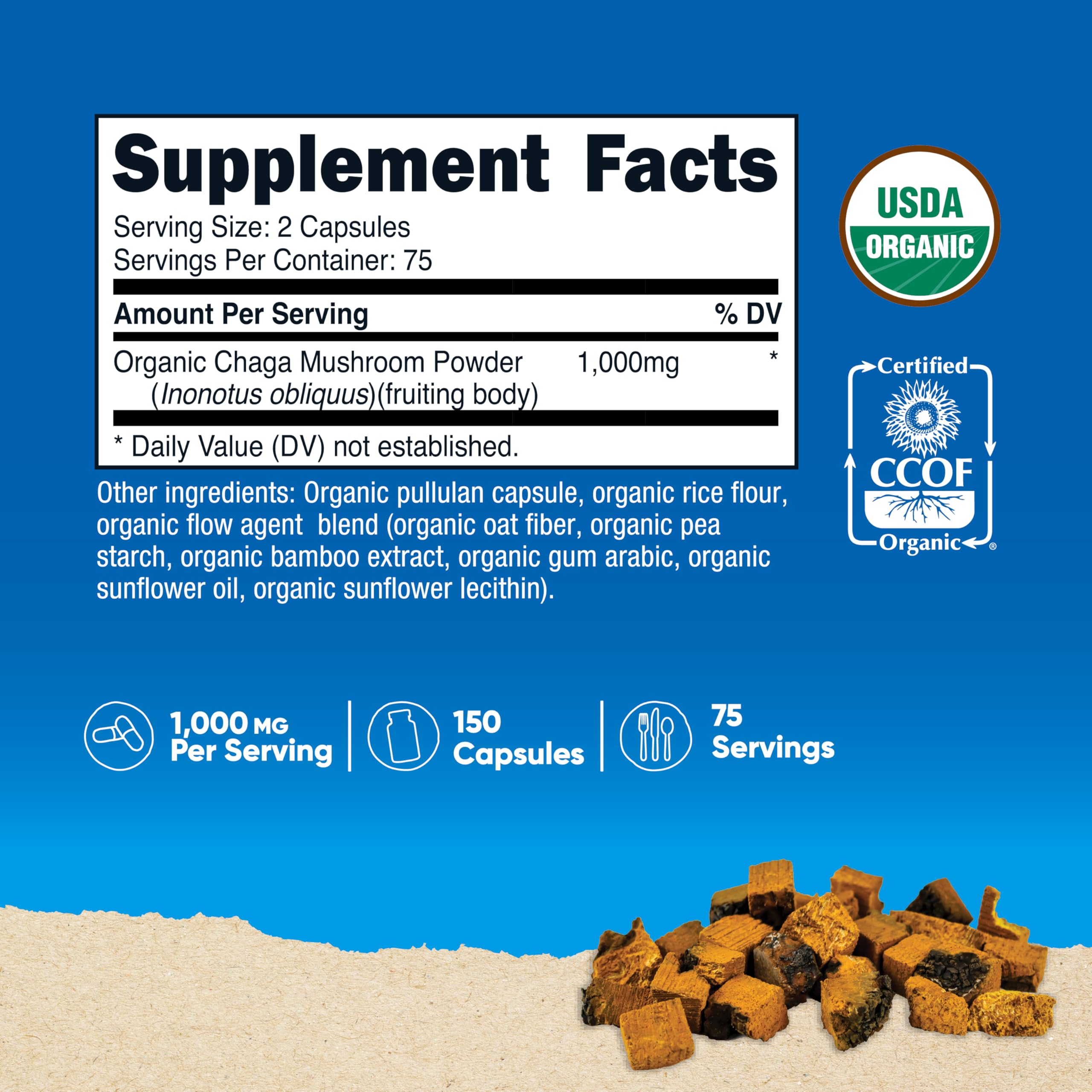 Nutricost Organic Chaga capsules closeup showing 500 mg per capsule for easy dosing.