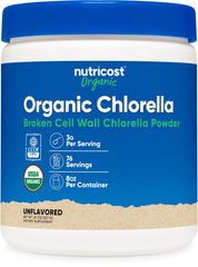 Nutricost Organic Chlorella Powder bottle showing 8oz size for daily greens.