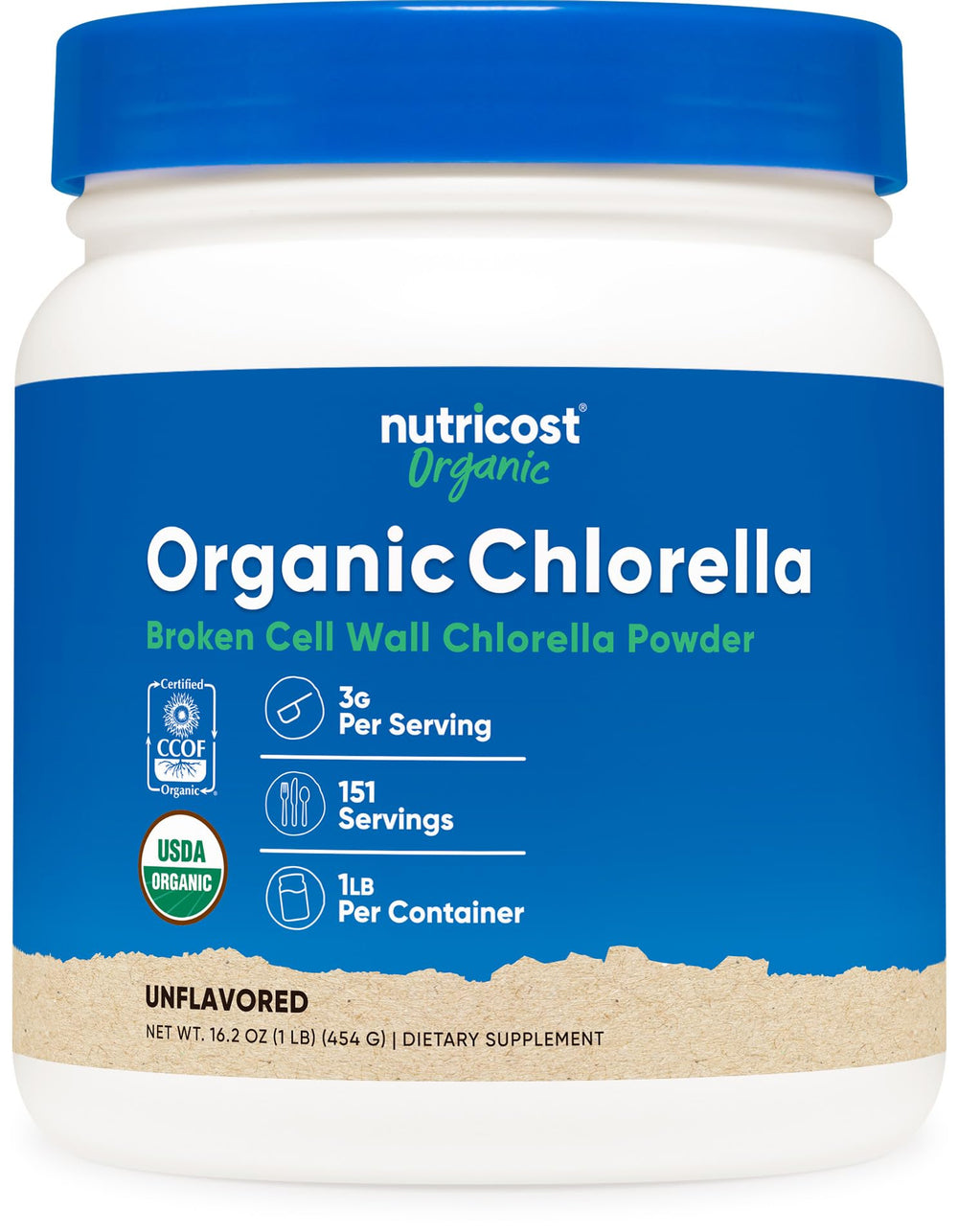 Nutricost Organic Chlorella Powder front view highlighting pure greens for daily greens