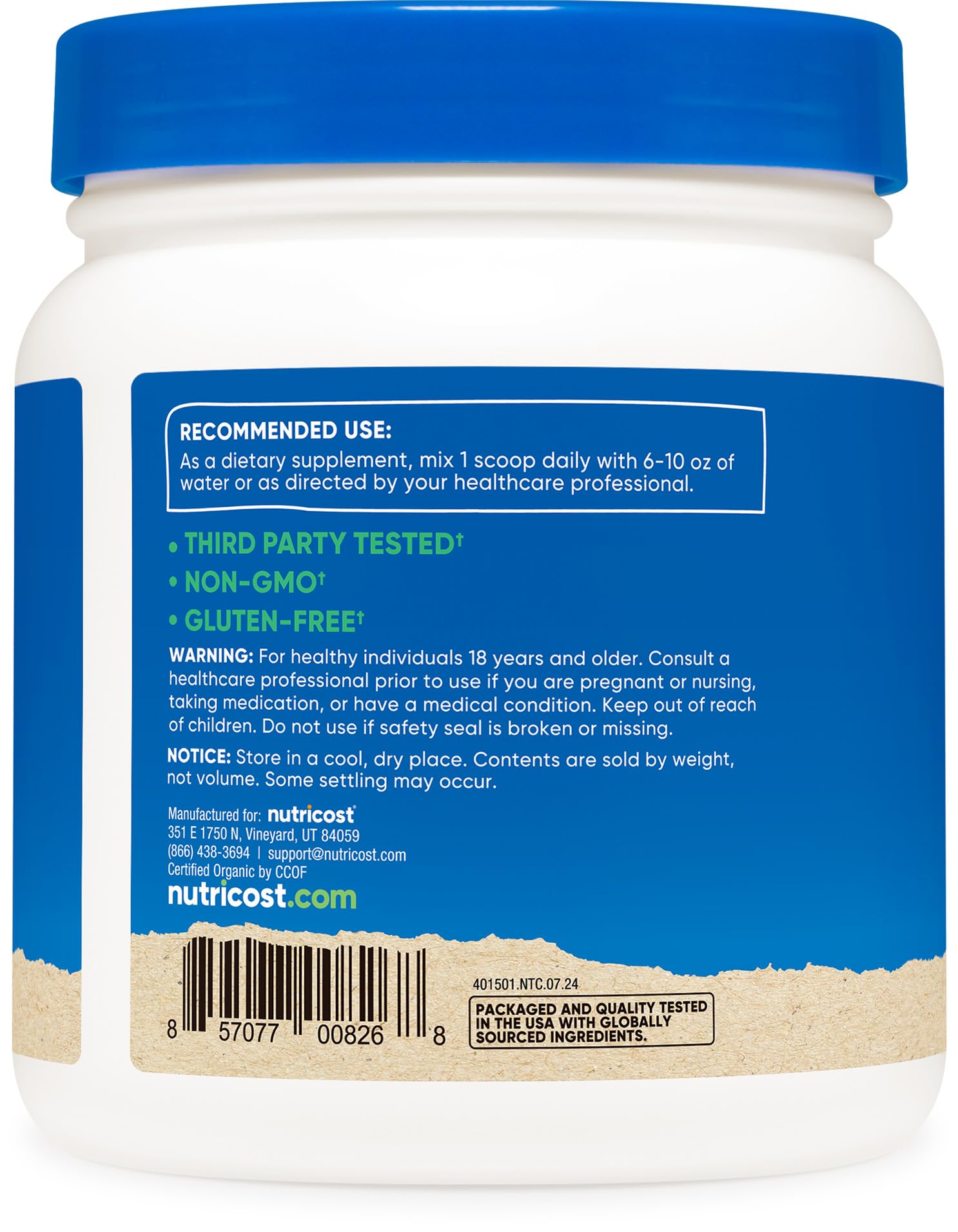 Nutricost Organic Chlorella Powder close-up reveals vibrant green powder for smoothies