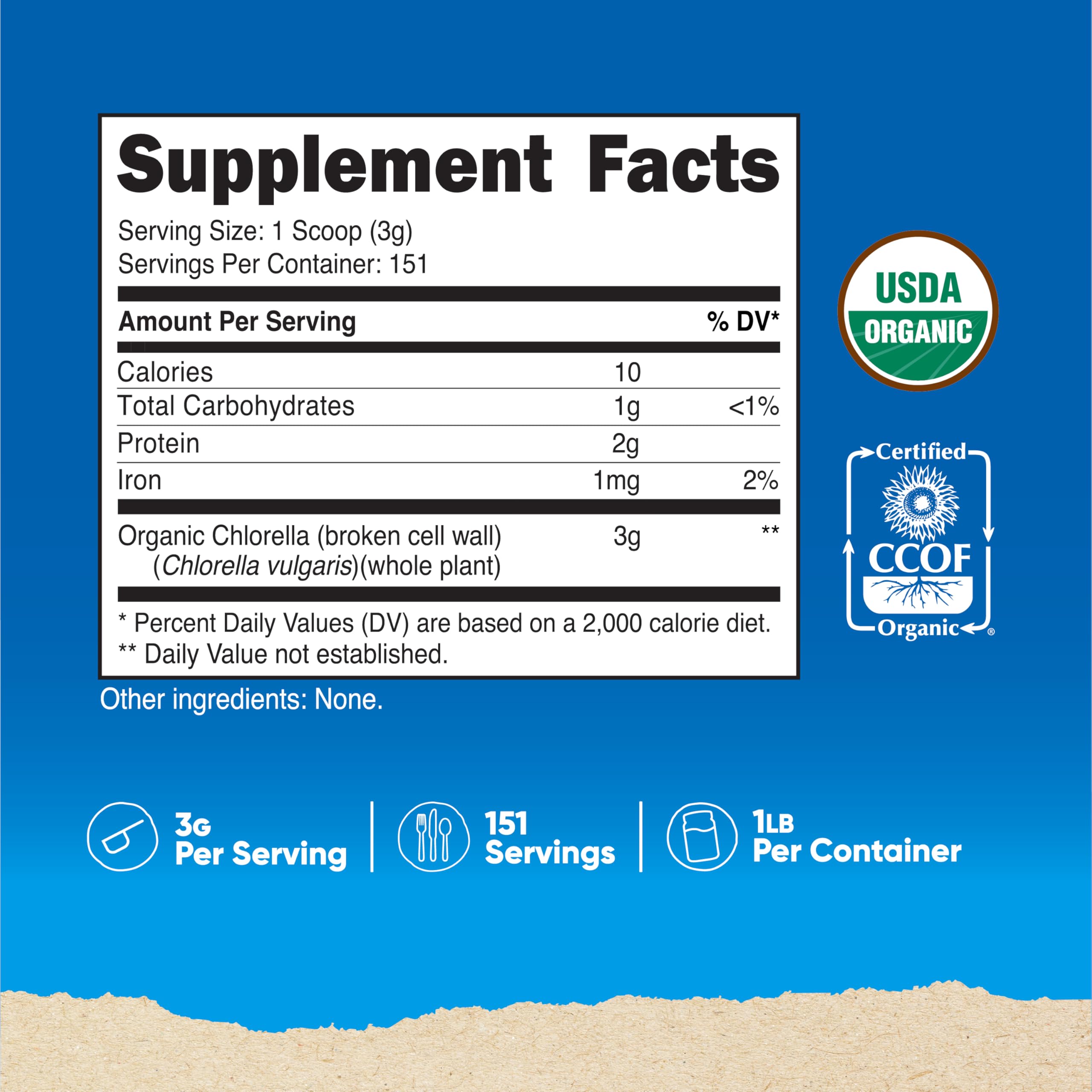 Nutricost Organic Chlorella Powder with scoop in bottle enabling easy 3 g servings