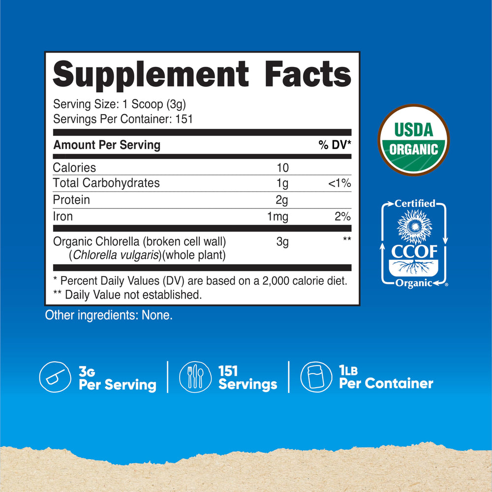 Nutricost Organic Chlorella Powder with scoop in bottle enabling easy 3 g servings