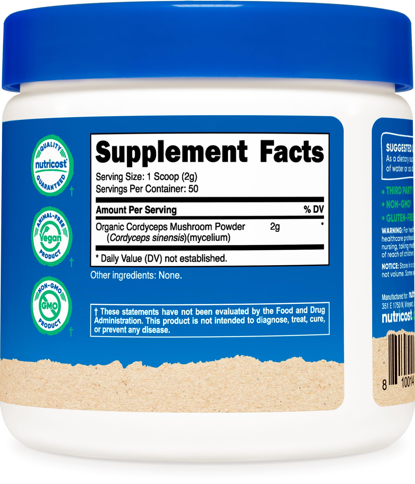 Nutricost Organic Cordyceps Powder label shows 125 servings per bottle