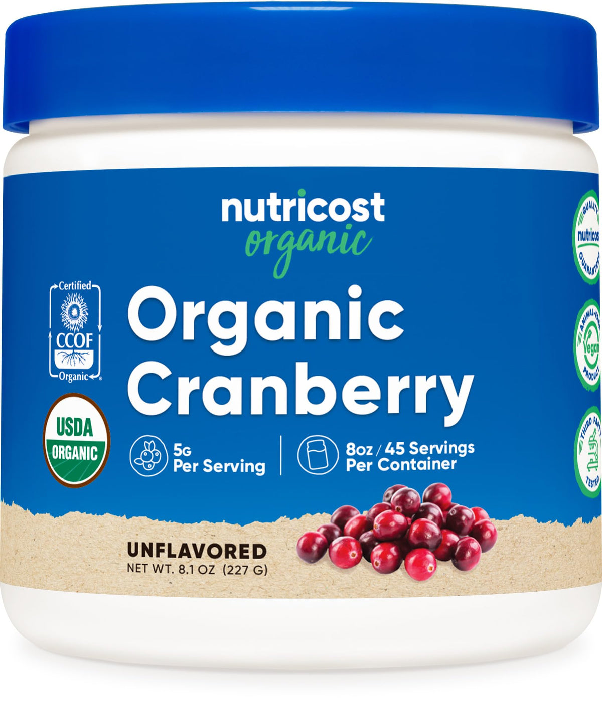 Nutricost Organic Cranberry Powder jar on a counter ready for mixing