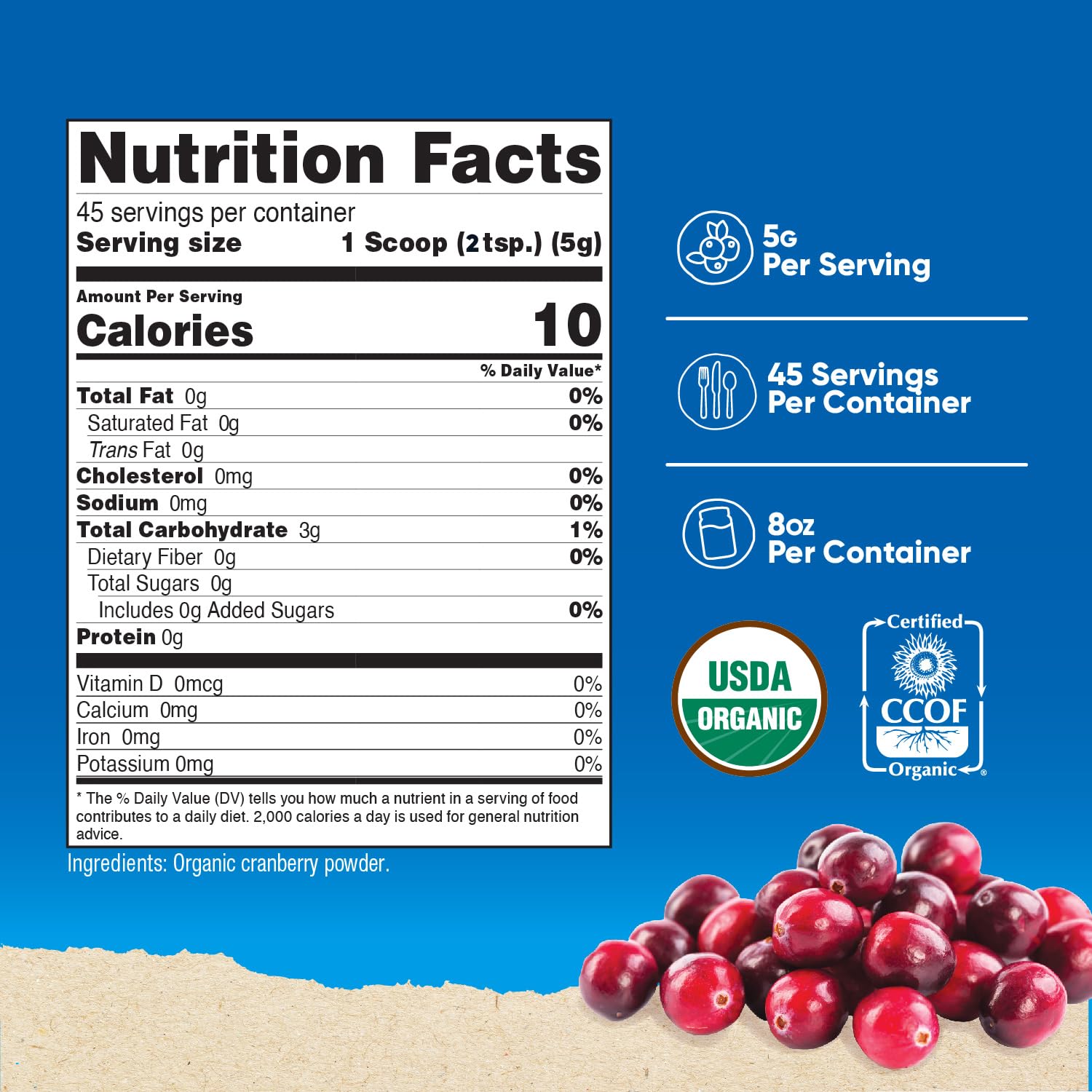 Close-up of Nutricost Cranberry Powder label highlighting gluten-free and non-GMO