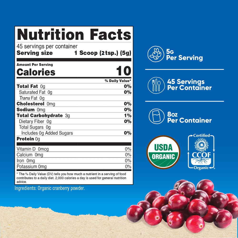 Close-up of Nutricost Cranberry Powder label highlighting gluten-free and non-GMO