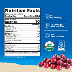 Close-up of Nutricost Cranberry Powder label highlighting gluten-free and non-GMO