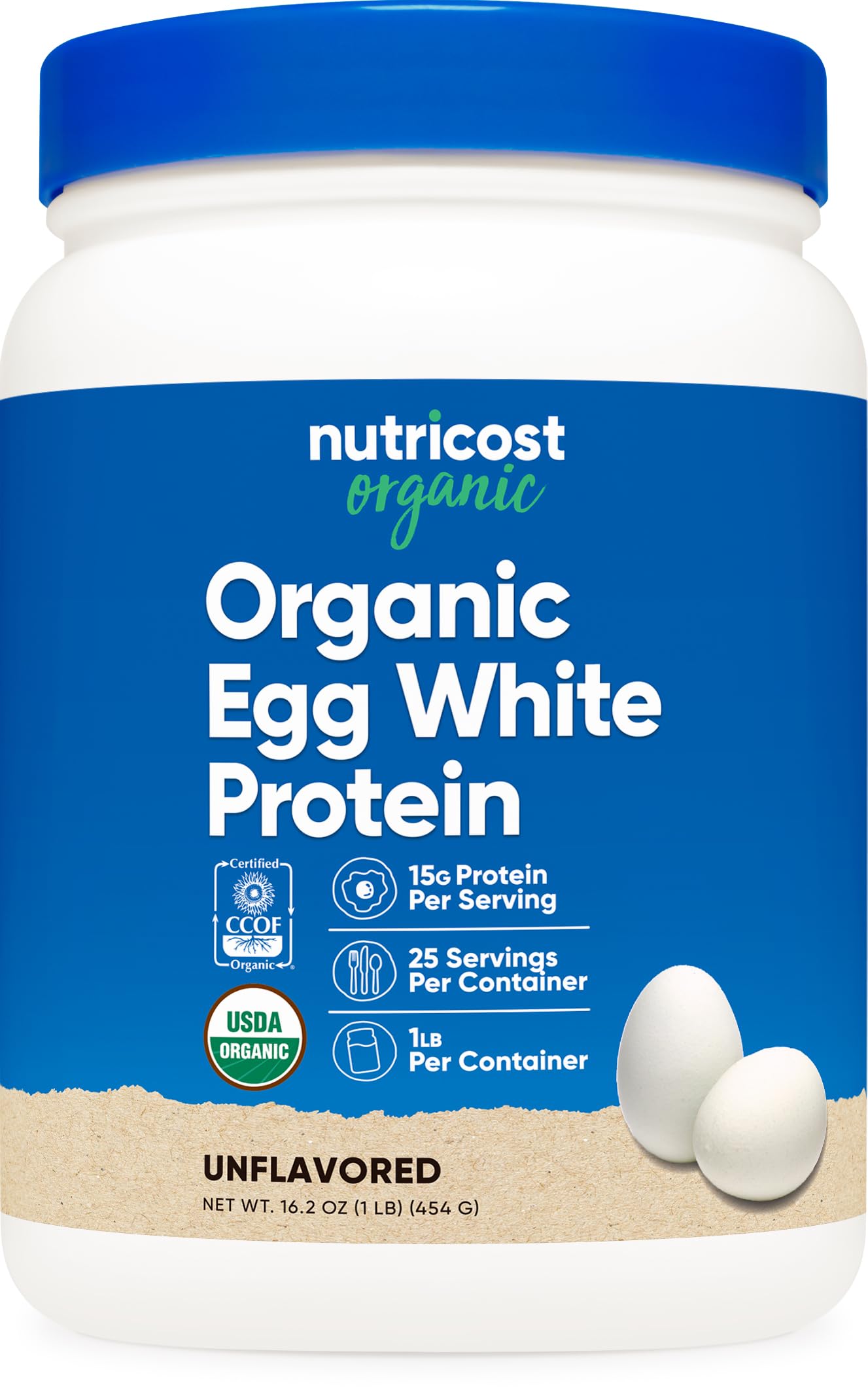 Nutricost Organic Egg White Protein Powder bottle showing GMO-free protein option.