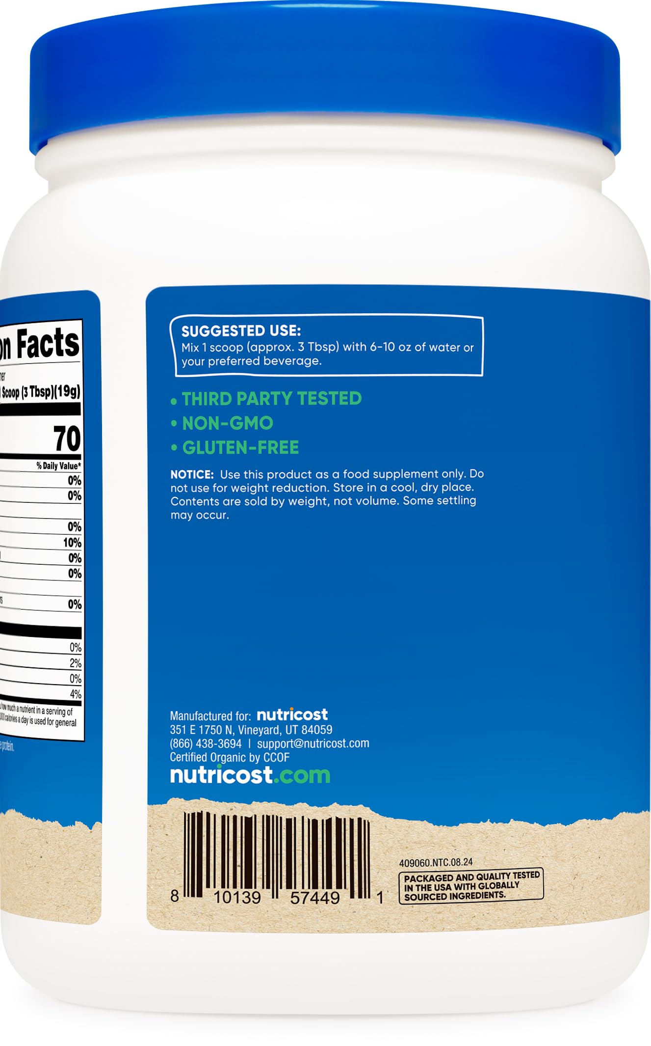 Nutricost Organic Egg White Protein label highlights GMP and NSF standards.