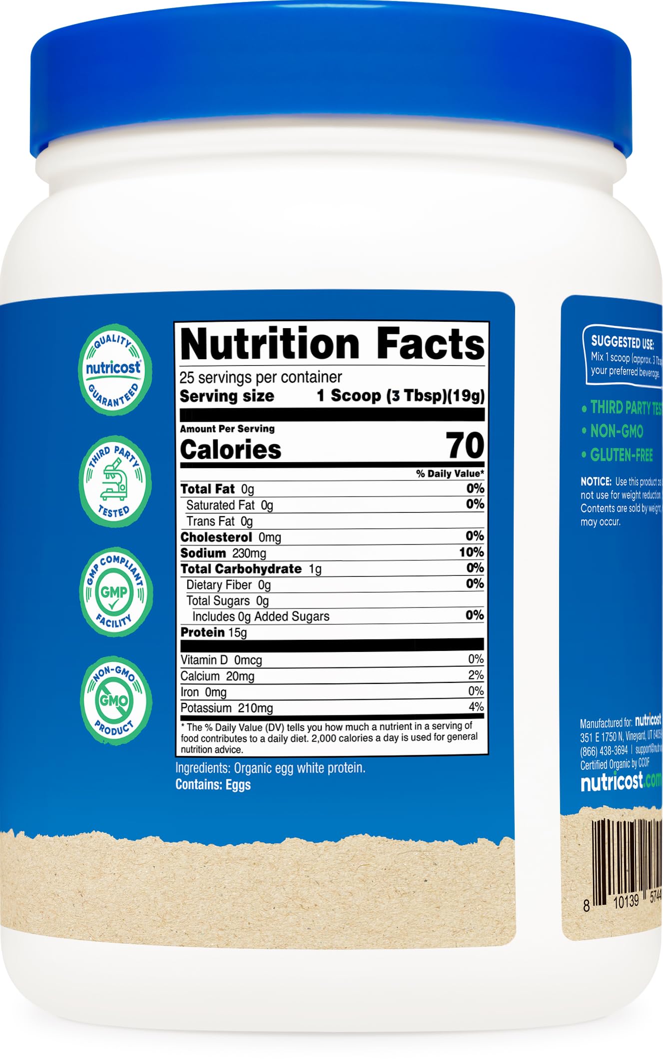 Nutricost Organic Egg White Protein packaging shows 1 lb container value.