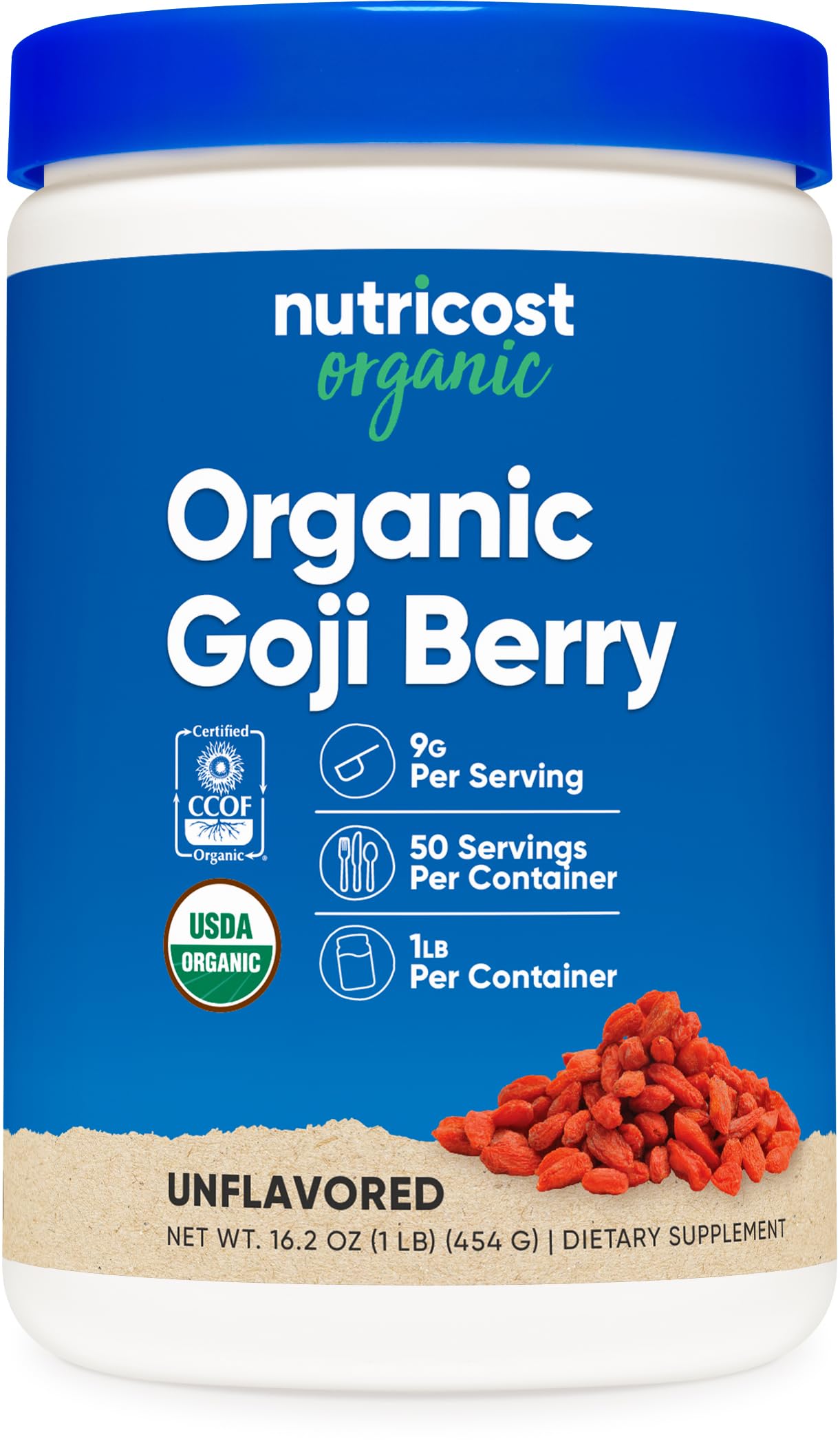 Nutricost Organic Goji Berry Powder bottle with USDA Organic seal for clean nutrition.