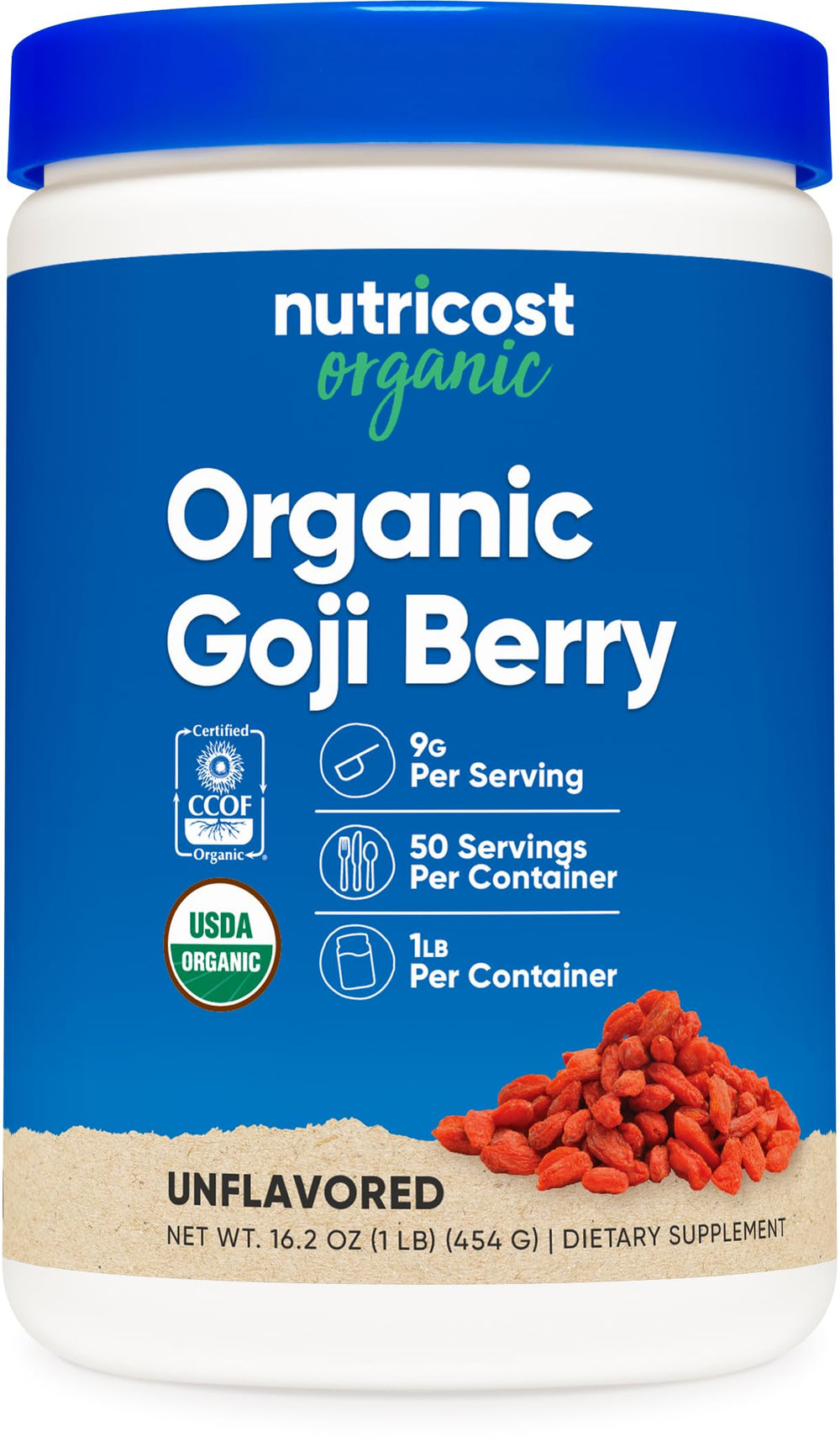 Nutricost Organic Goji Berry Powder bottle with USDA Organic seal for clean nutrition.
