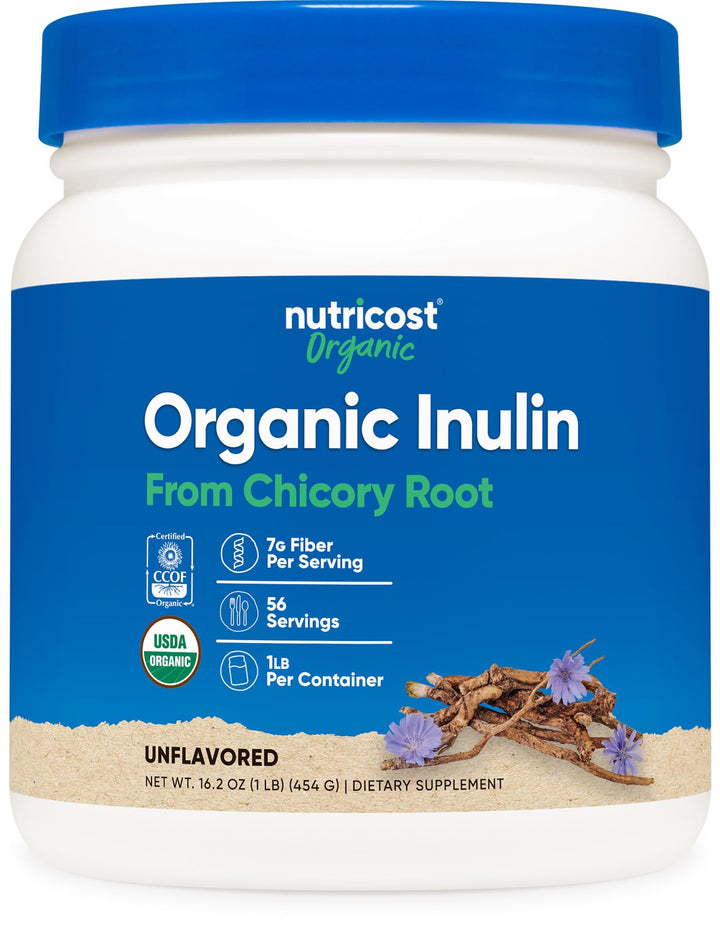 Nutricost Organic Inulin Powder bottle front, 1 lb size and organic fiber.