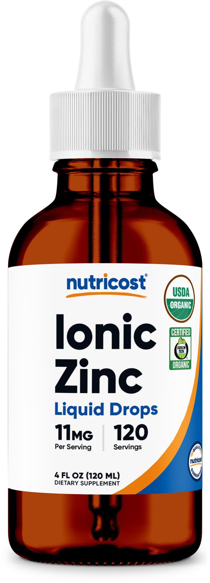 Nutricost Organic Ionic Zinc Drops bottle shows 11 mg zinc per serving for daily use