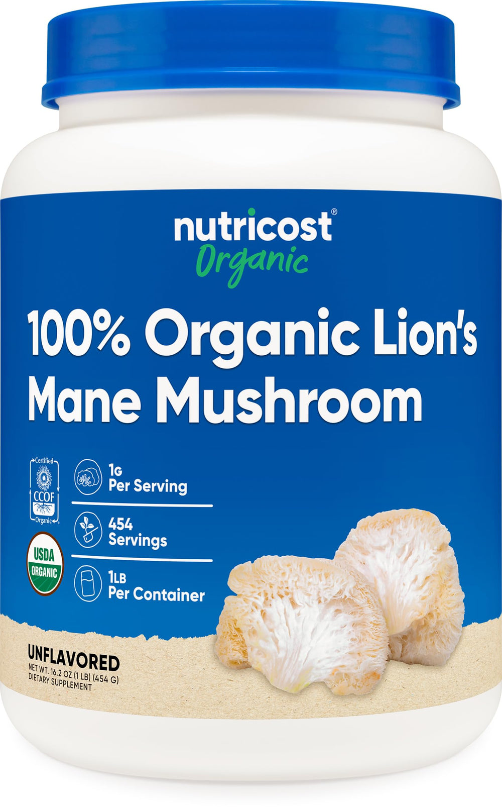 Nutricost Lion's Mane powder bottle with USDA Organic label, ideal for daily smoothies.