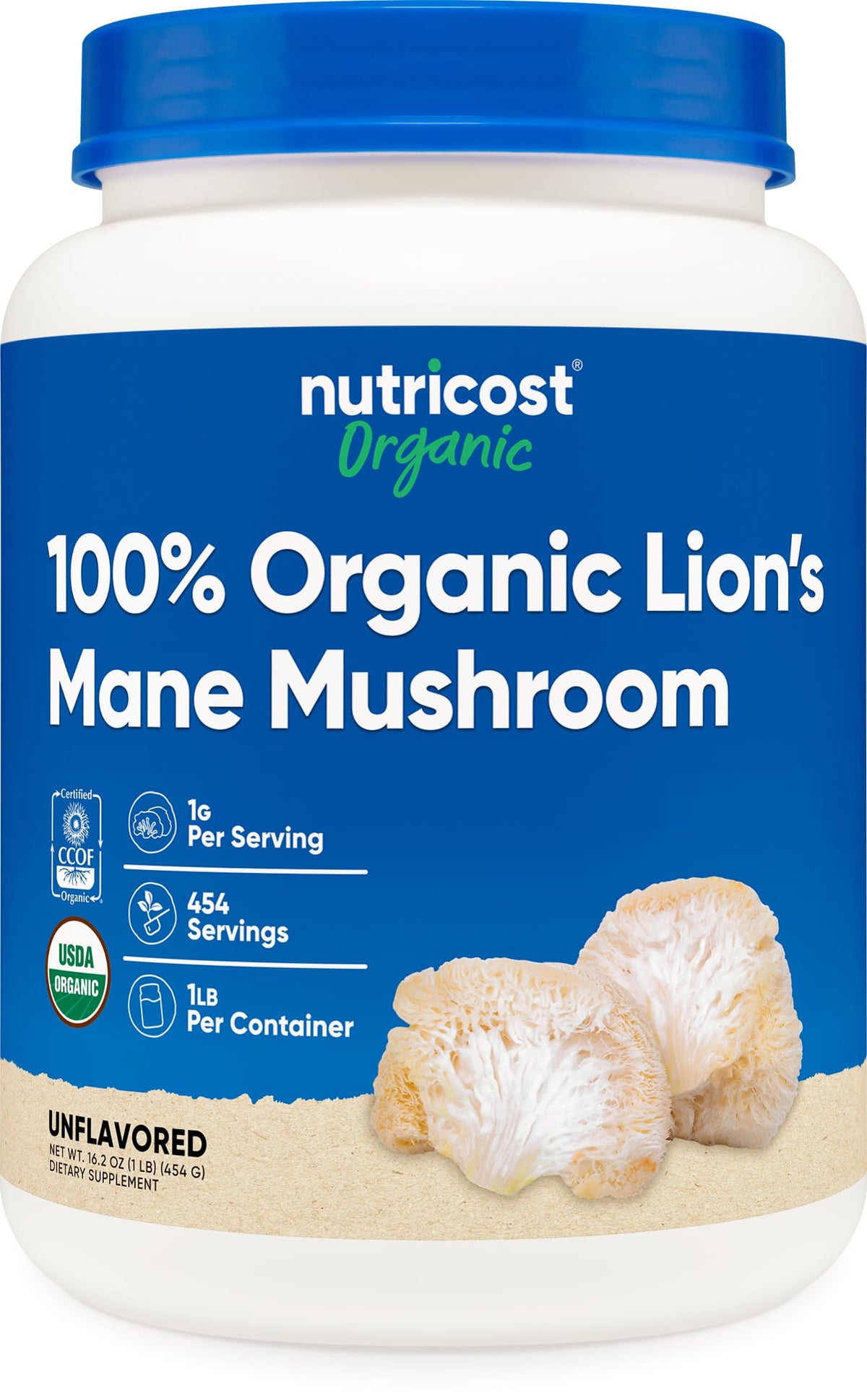 Nutricost Lion's Mane powder bottle with USDA Organic label, ideal for daily smoothies.