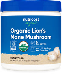 Nutricost Organic Lion's Mane Powder bottle for daily supplementation and clean sourcing.