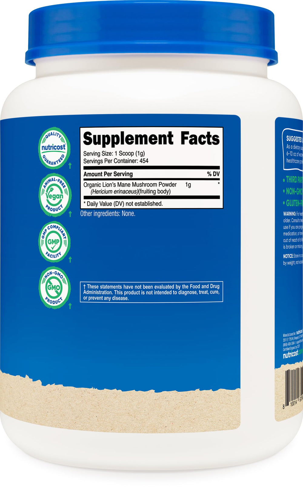 Nutricost Organic Lion's Mane packaging in a sturdy 1 lb bottle.