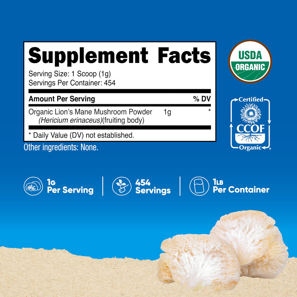 Nutricost Lion's Mane powder with scoop showing easy measured servings.