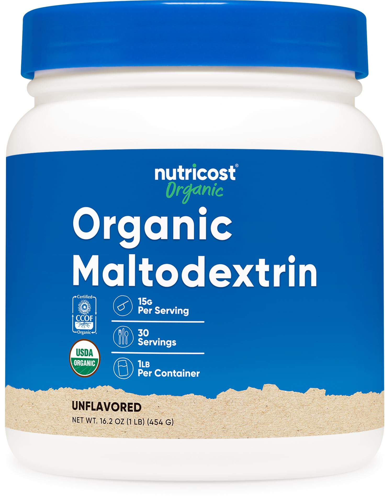 Nutricost Organic Maltodextrin powder bottle label confirms organic and quick-energy option