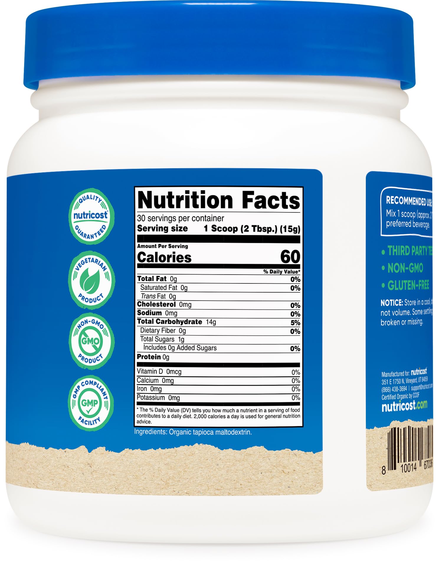 Nutricost Organic Maltodextrin is gluten-free and non-GMO for versatile kitchen use