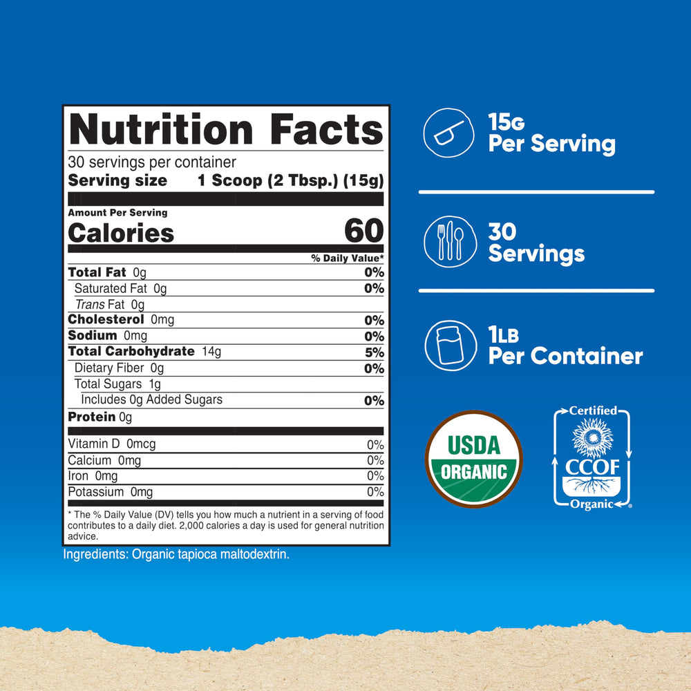Nutricost Organic Maltodextrin scoop helps measure 15 g per serving for precise pre- and post-workout fueling