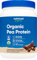 Nutricost Organic Pea Protein Powder Chocolate bottle for plant-based energy and mixability