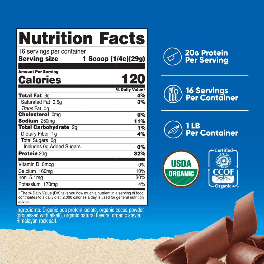 Nutricost Organic Pea Protein Powder Chocolate scoop shows 20 g protein per serving