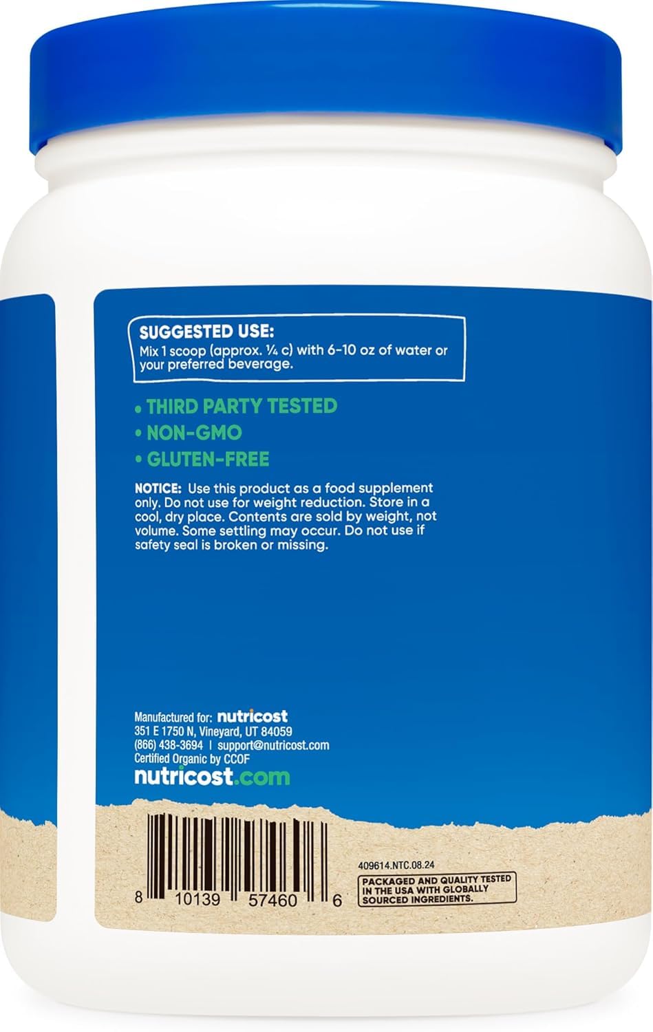 Nutricost Organic Pea Protein Powder label highlighting non-GMO and gluten-free traits