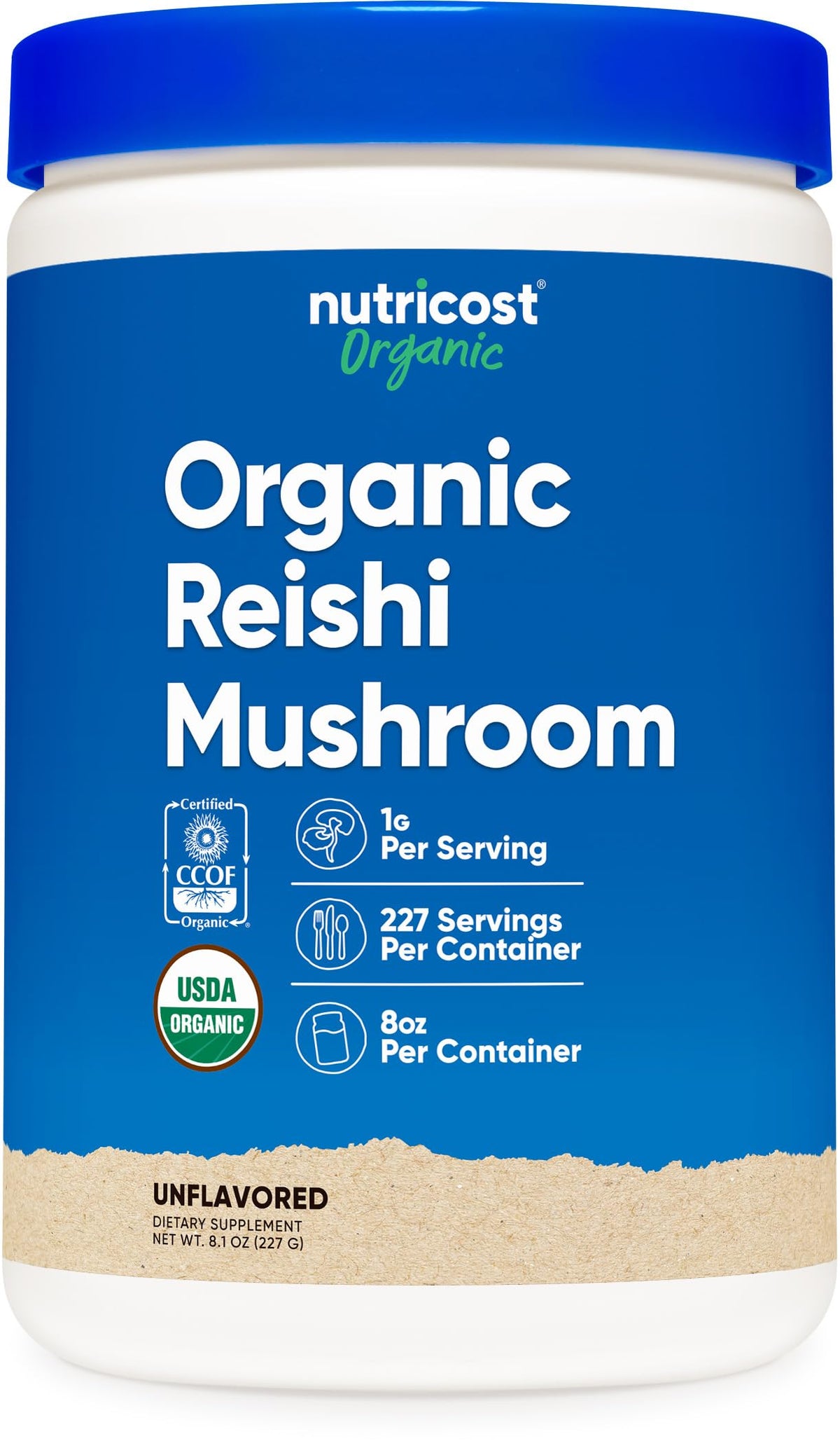 Nutricost Organic Reishi Powder jar showing USDA Organic certification and quality