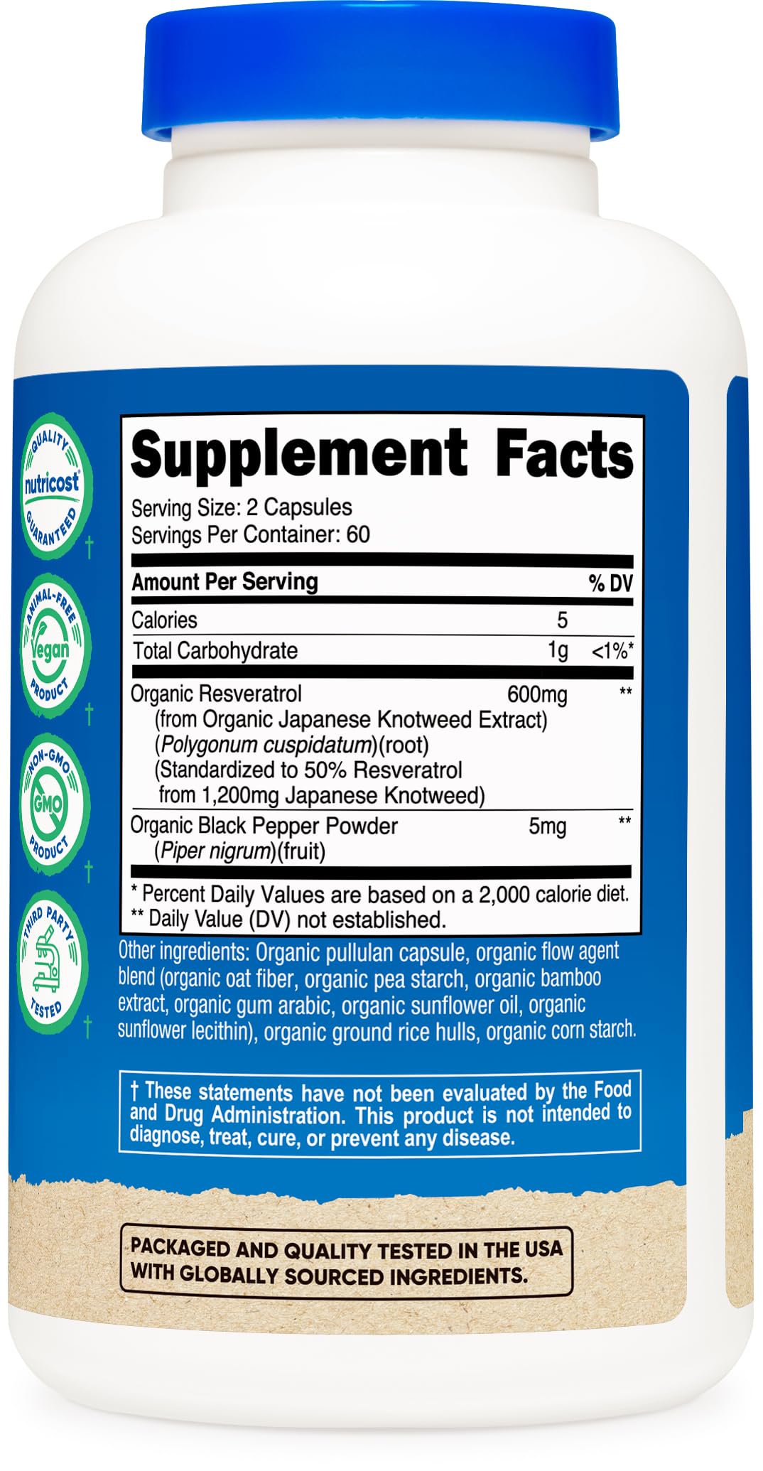 Nutricost Organic Resveratrol bottle on shelf for daily use