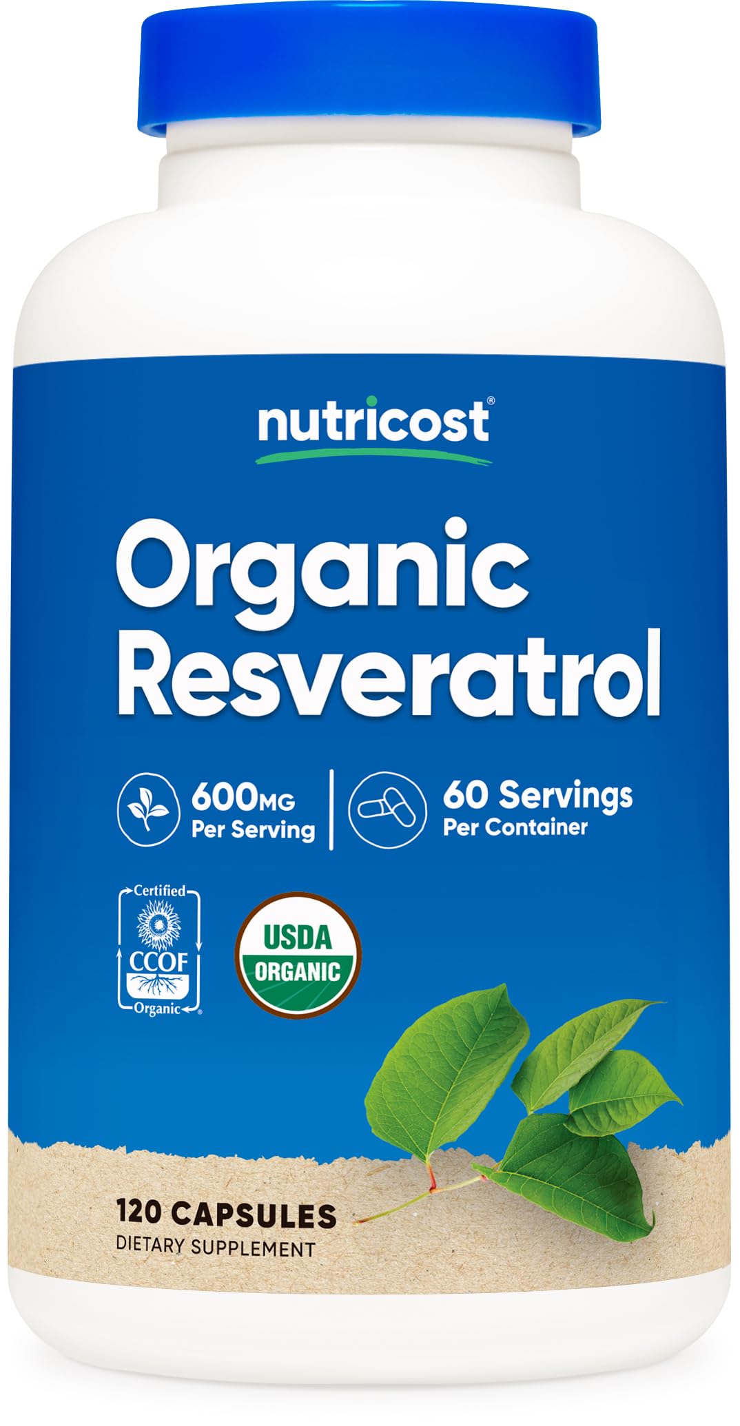Nutricost Organic Resveratrol bottle side view for daily wellness use
