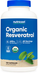 Nutricost Organic Resveratrol bottle side view for daily wellness use