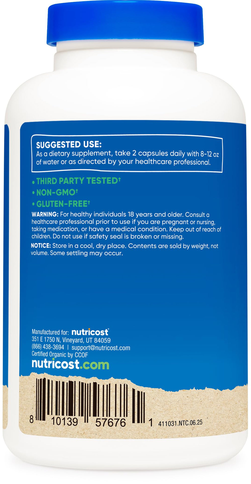 Nutricost Organic Resveratrol label close-up with certifications