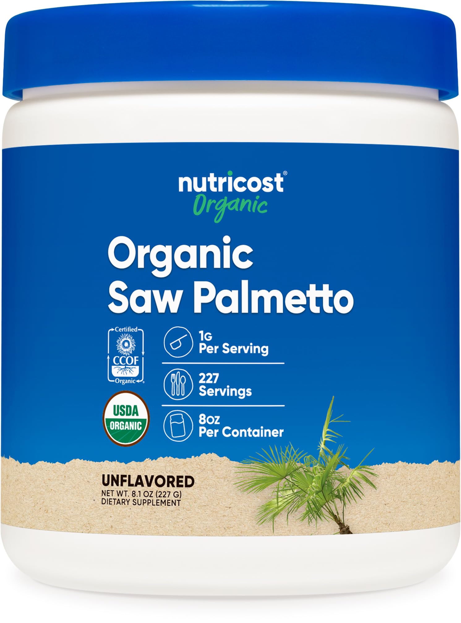 Nutricost Organic Saw Palmetto powder bottle for easy daily use.