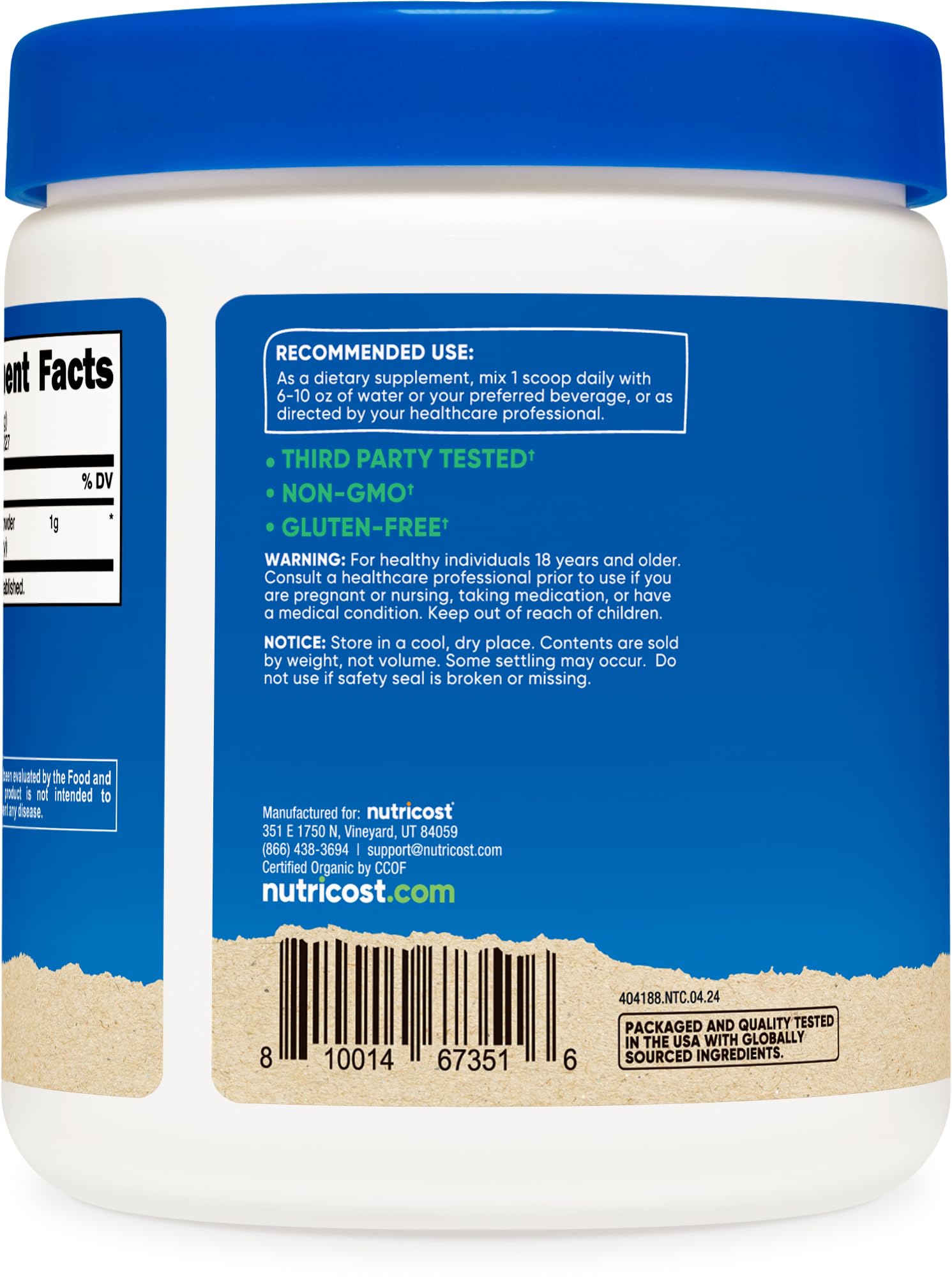 Label on Nutricost Saw Palmetto powder showing certification and organic quality.