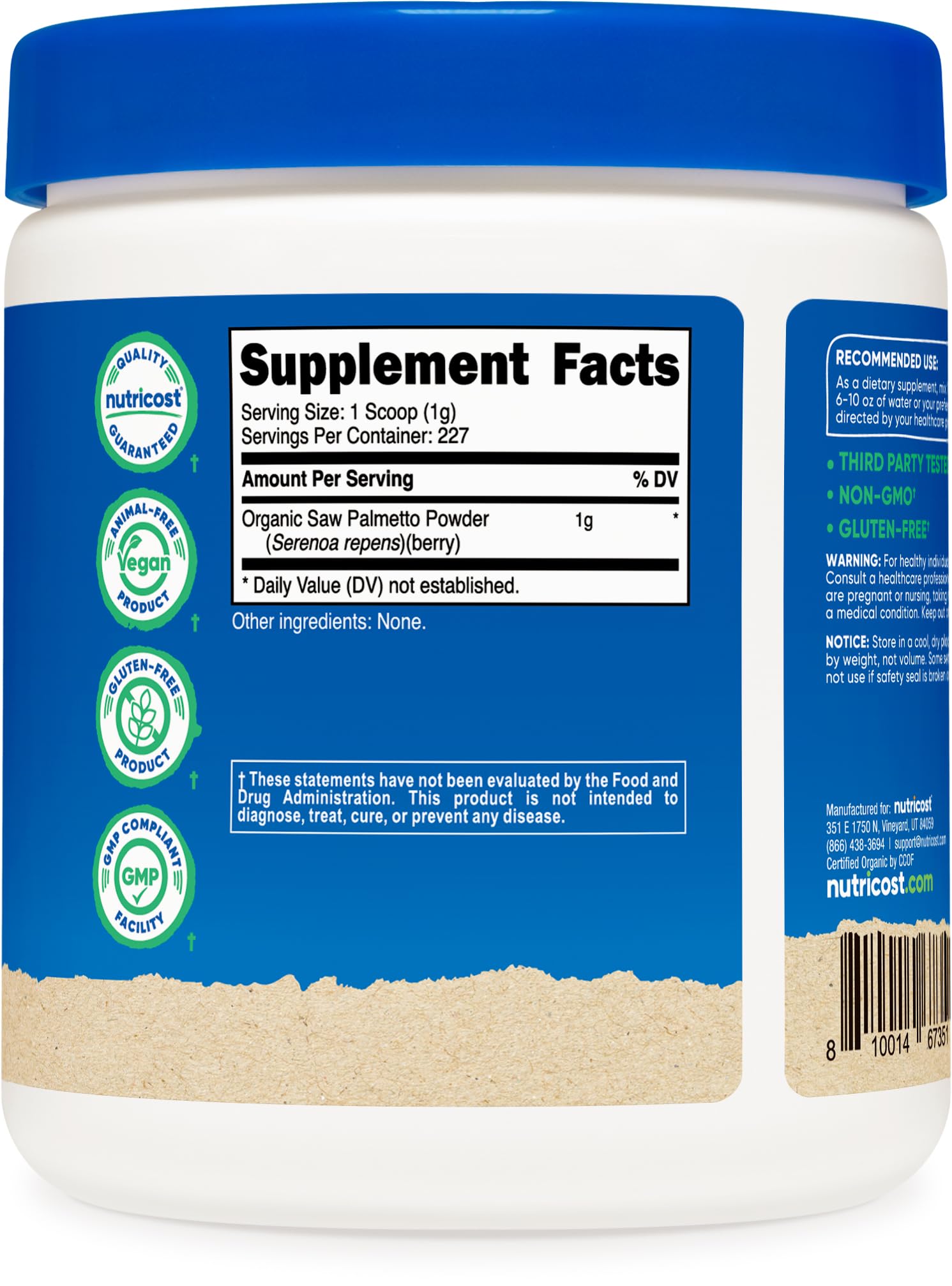 Pour-ready Nutricost Saw Palmetto powder in a resealable container for freshness.