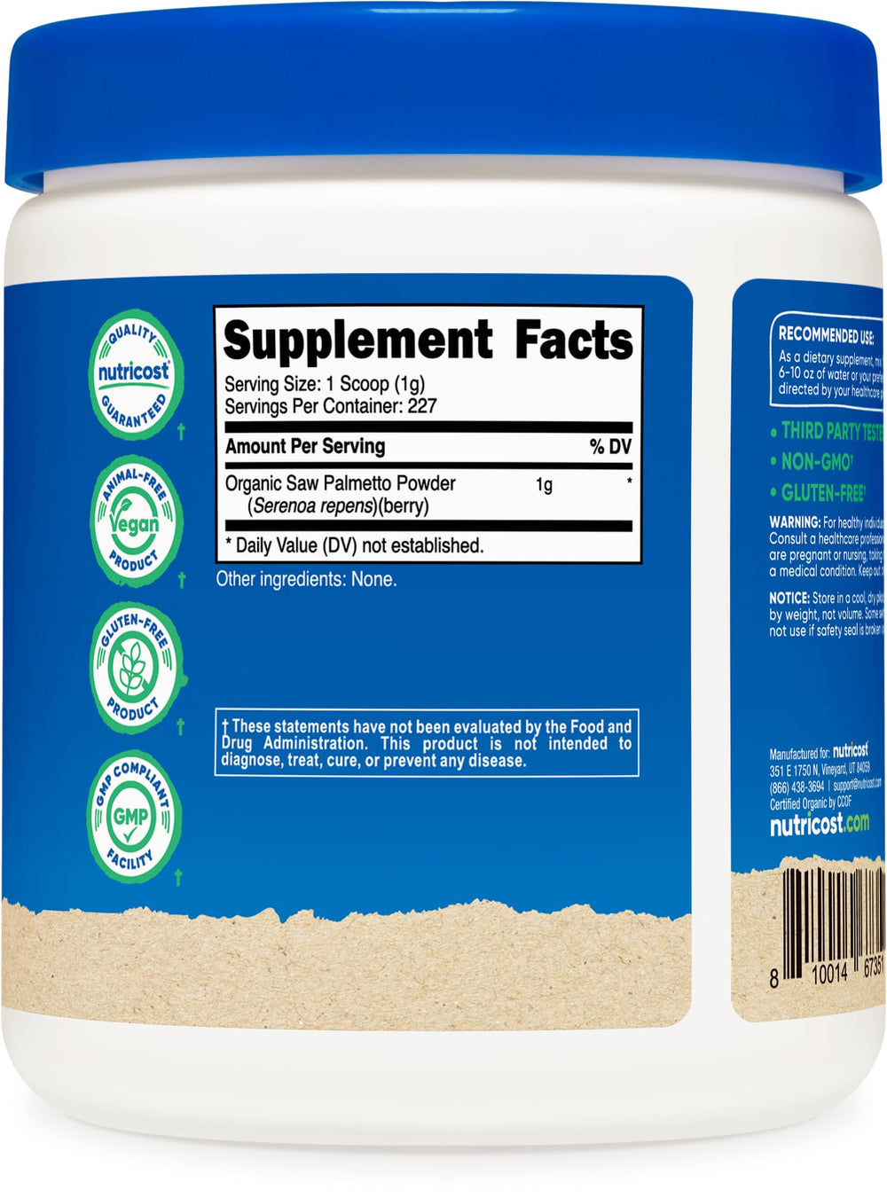Pour-ready Nutricost Saw Palmetto powder in a resealable container for freshness.