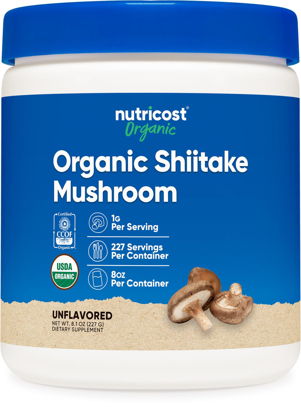Nutricost Organic Shiitake Powder jar close-up highlighting 100% organic quality for clean flavors.