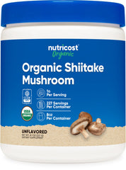 Nutricost Organic Shiitake Powder jar close-up highlighting 100% organic quality for clean flavors.