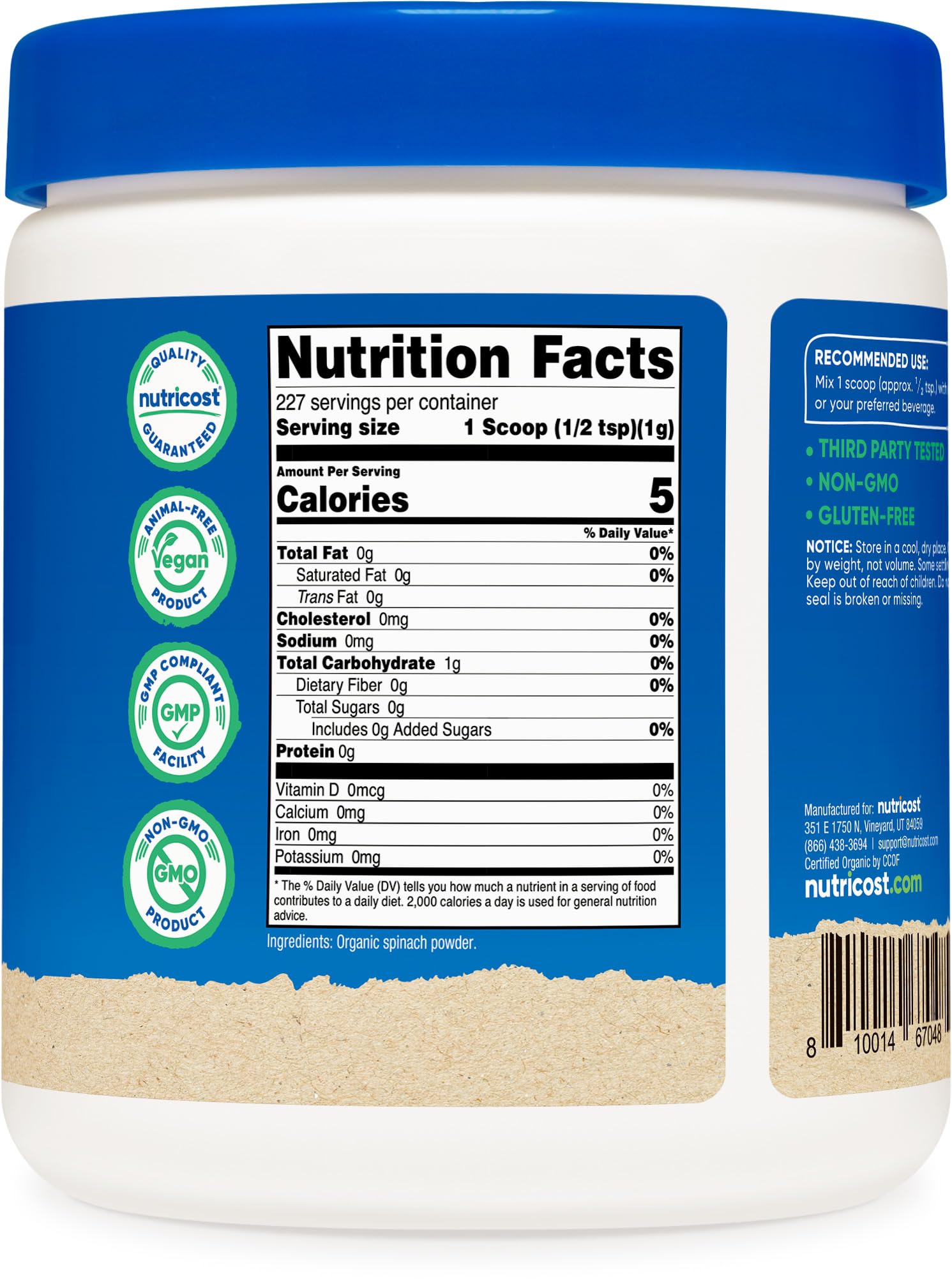 Nutricost Organic Spinach Powder label close-up for easy meal prep