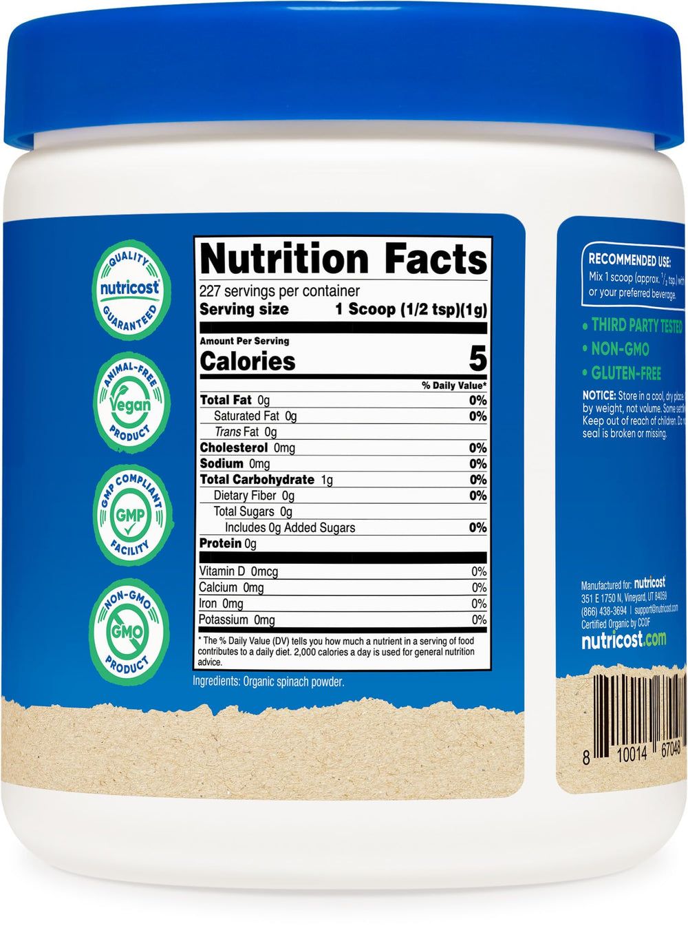 Nutricost Organic Spinach Powder label close-up for easy meal prep