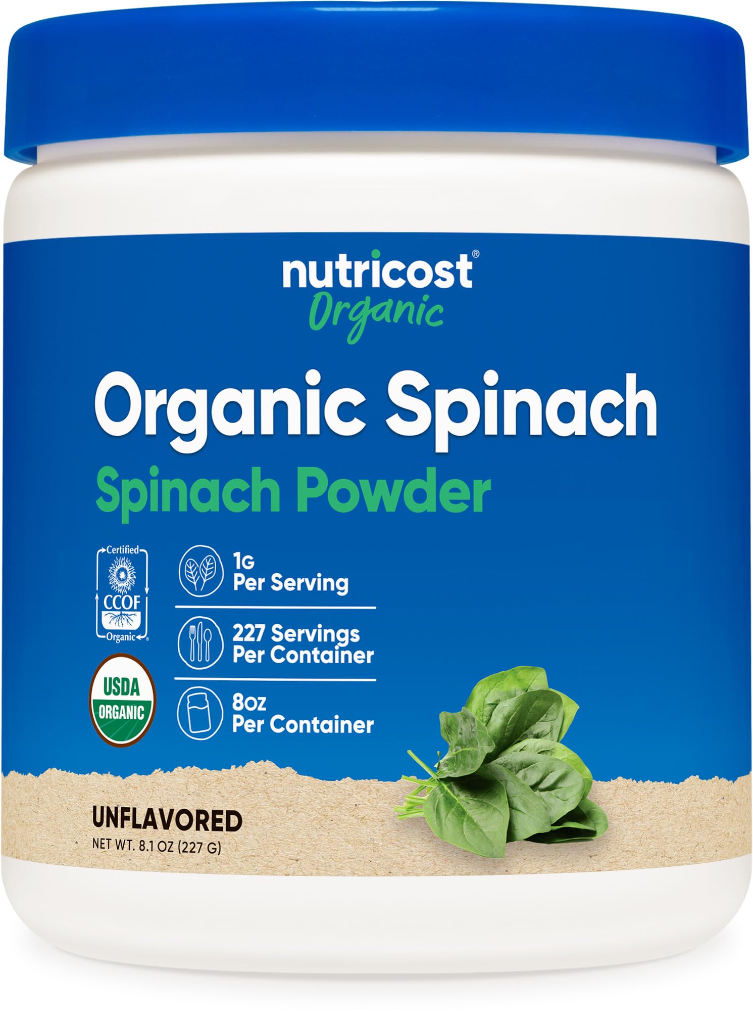 Nutricost Organic Spinach Powder tub with scoop for daily greens