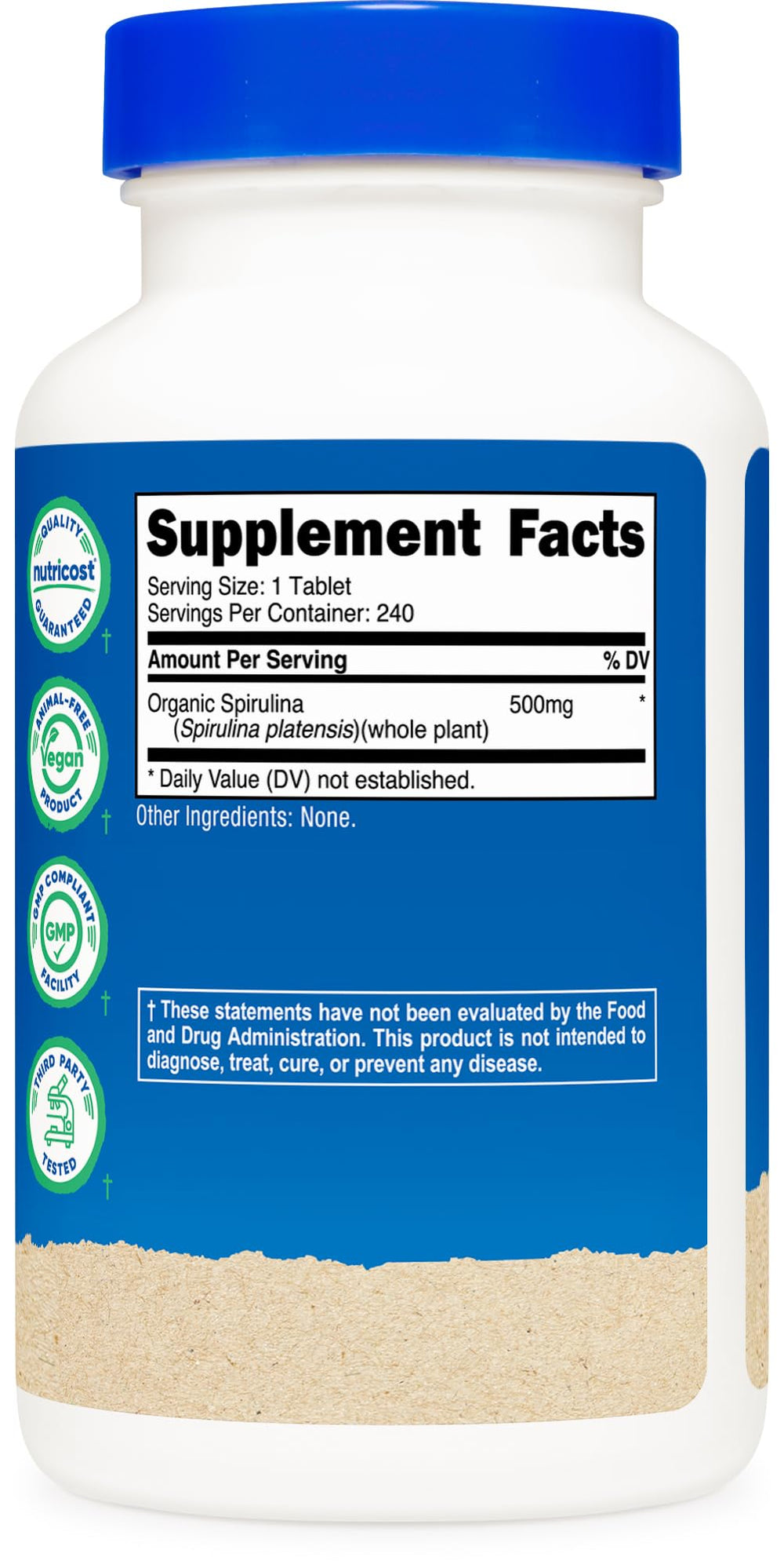 Nutricost Organic Spirulina bottle back label featuring nutrition details.