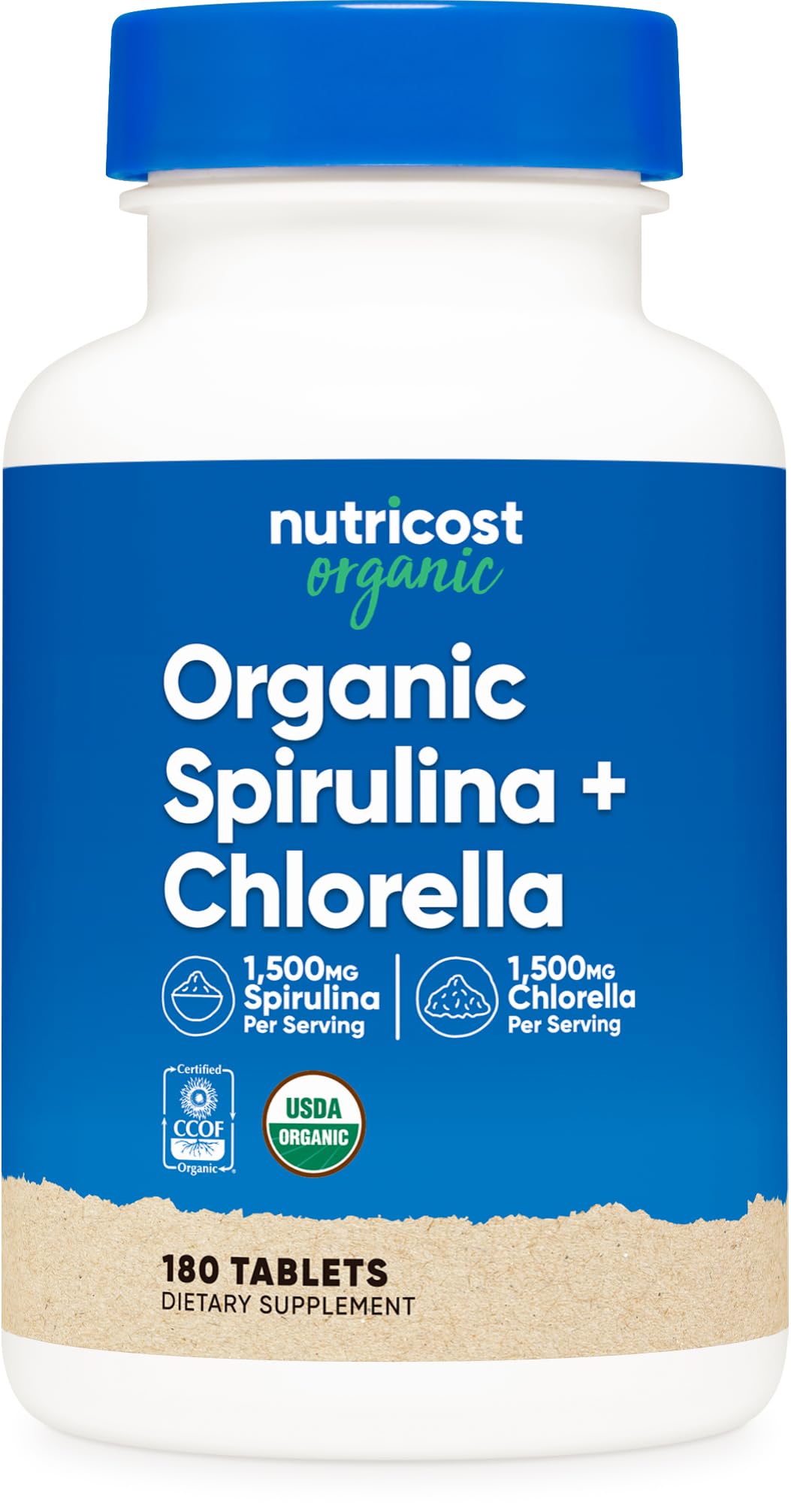 Nutricost Organic Spirulina Chlorella bottle front shows a month of greens