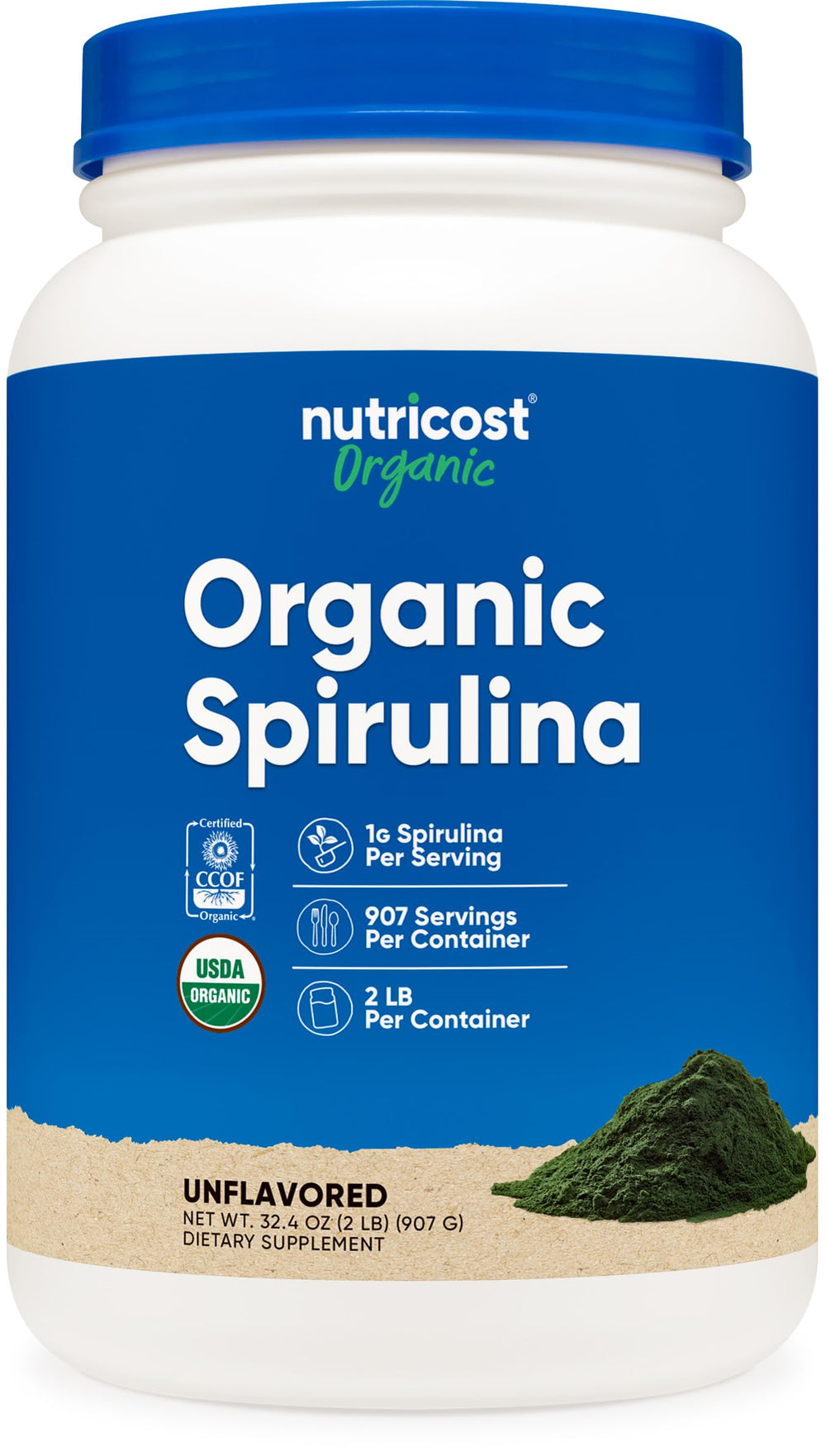 Nutricost spirulina powder bottle front view, highlighting organic quality for daily nutrition.