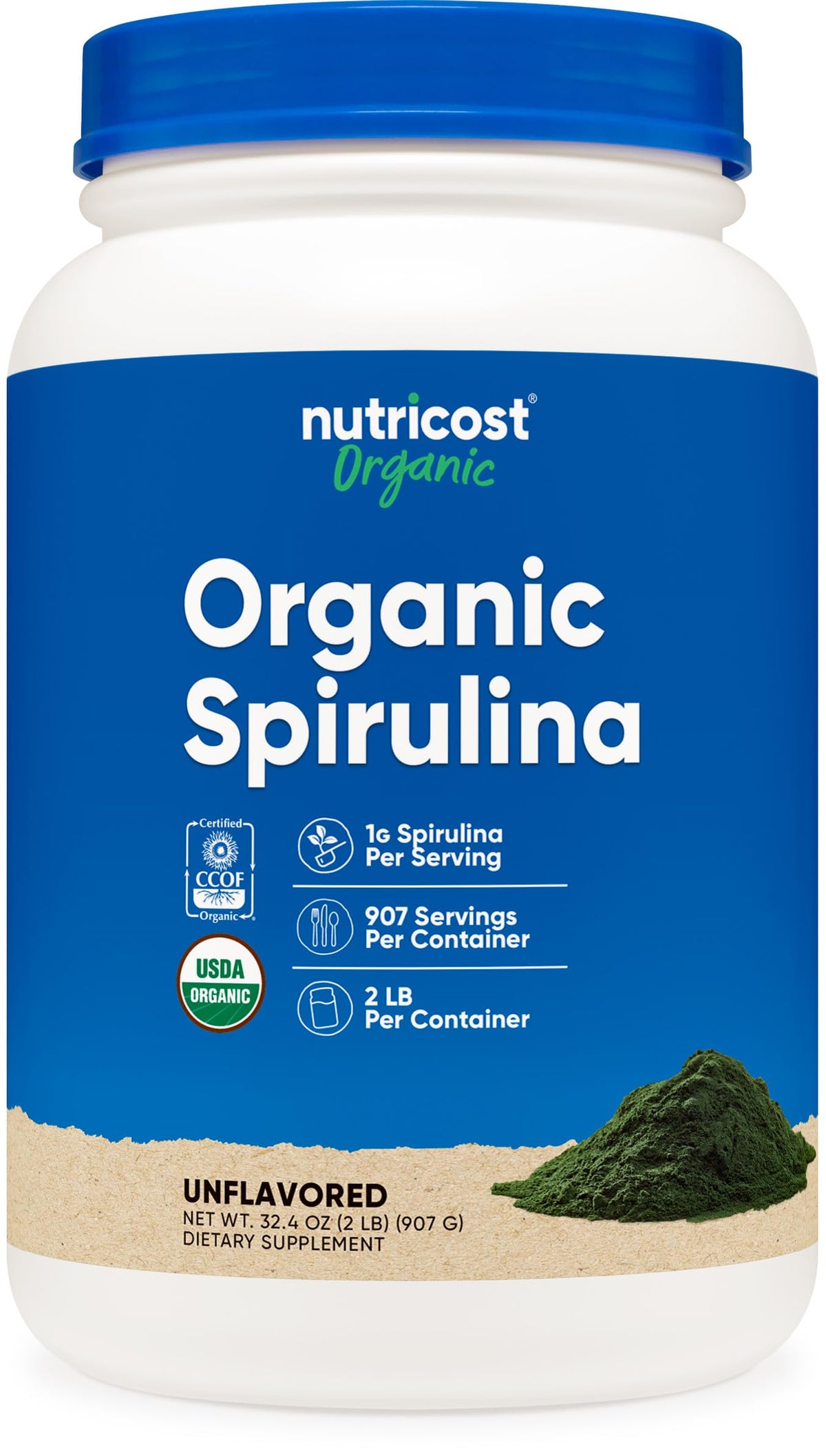 Nutricost spirulina powder bottle front view, highlighting organic quality for daily nutrition.