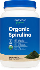 Nutricost spirulina powder bottle front view, highlighting organic quality for daily nutrition.