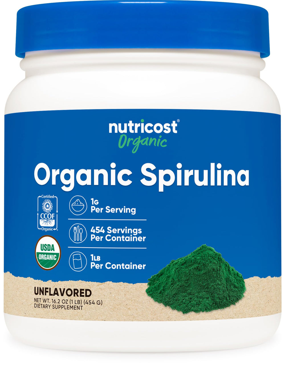 Nutricost Organic Spirulina Powder bottle for daily smoothies and energy boost.