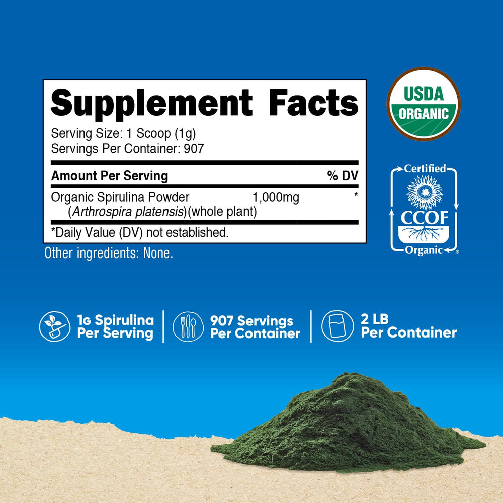 Nutricost spirulina powder label close-up, showcasing organic certification and ingredients.